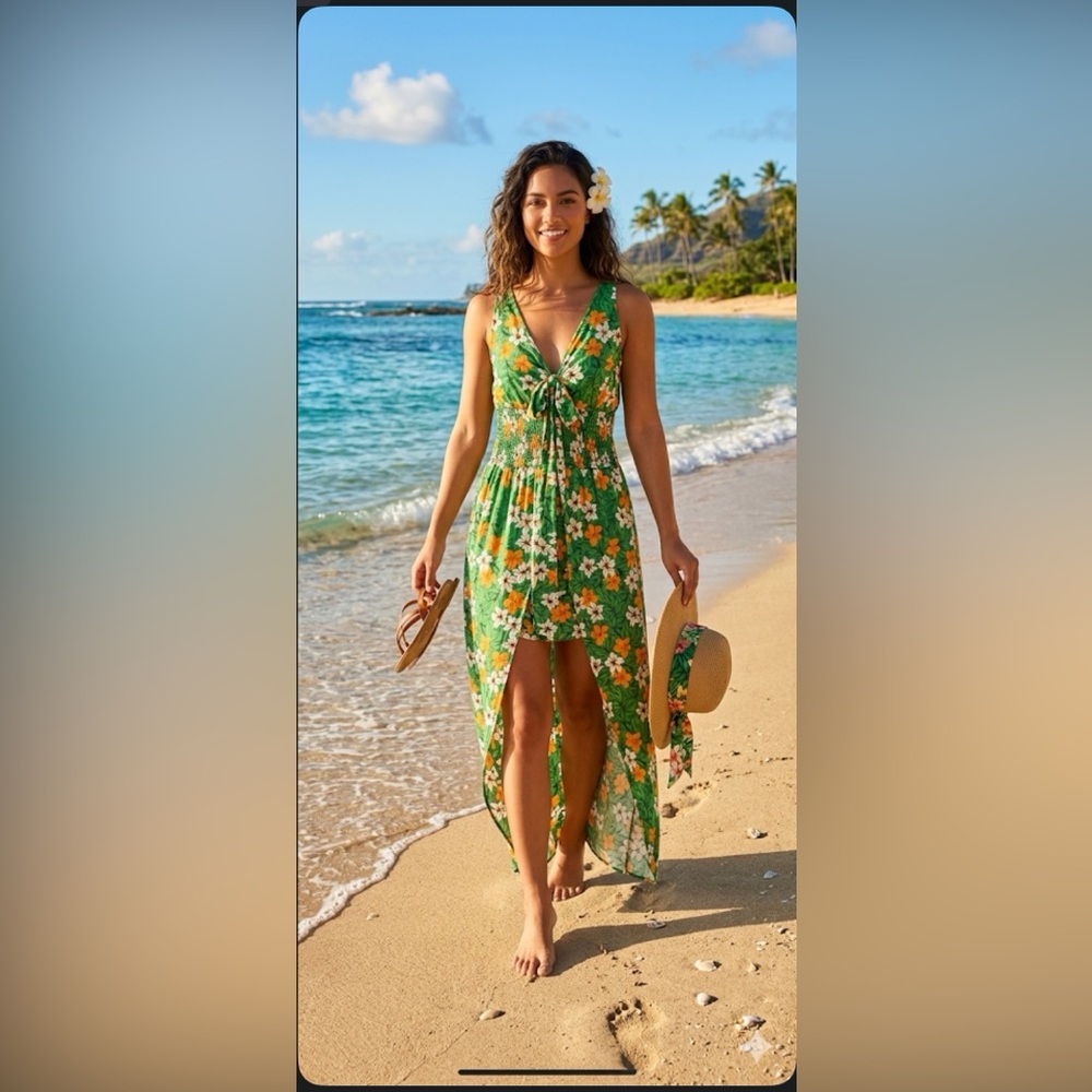 Green Floral V-Neck Jumpsuit with Orange & White Flowers